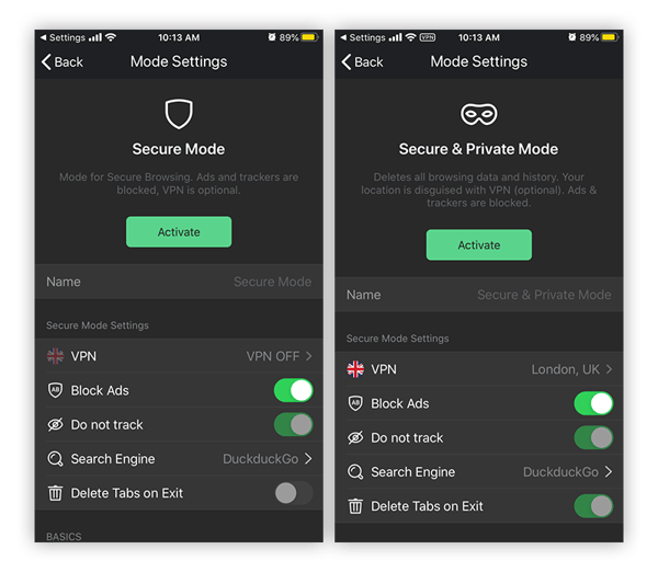 Avast Secure Browser has two browsing modes to easily access a variety of security and privacy features.